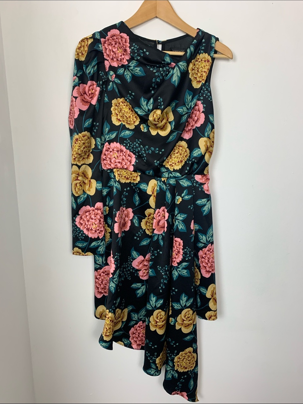 Topshop Black Asymmetrical Floral Dress with Pink & Yellow Blooms